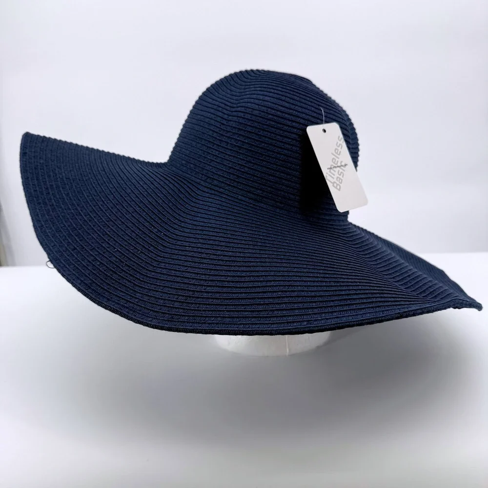 Timeless Basic Sun Hat Women One Size Navy Blue Paper Straw Floppy Wide Brim